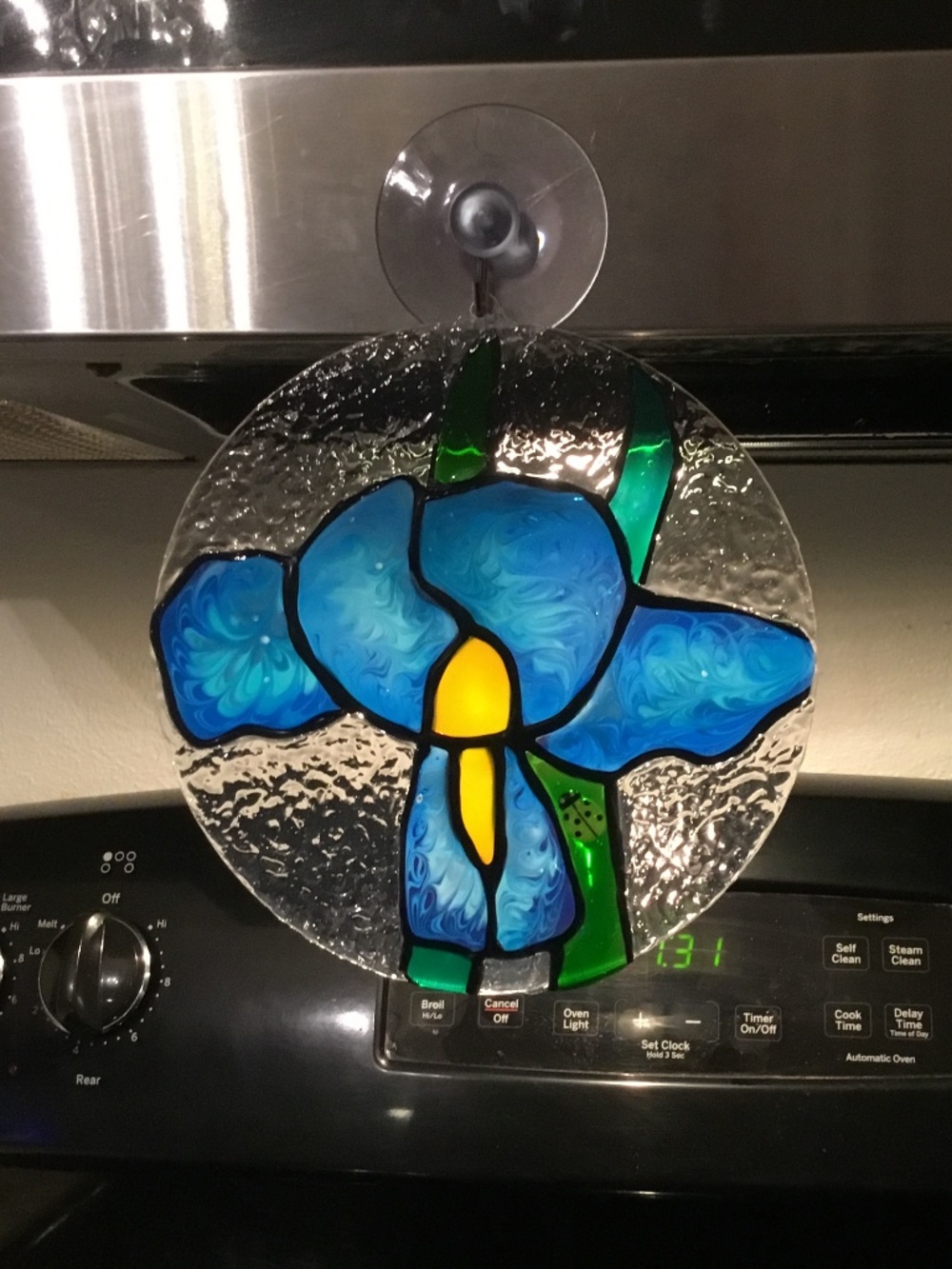 New Hand painted Blue Iris and ladybug Sun Catcher